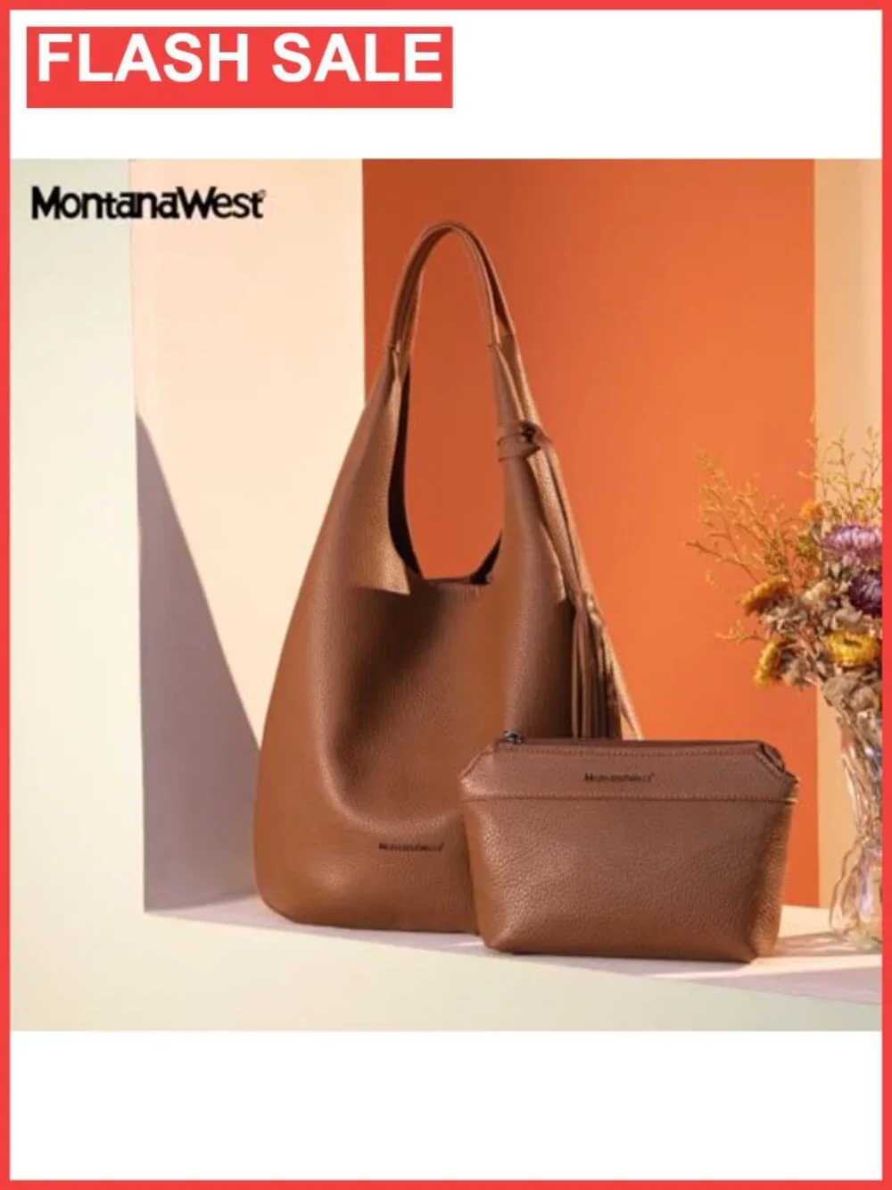 Slouchy Vegan Leather Hobo Bag 2PC Set Tassels Shoulder Purse Cosmetic